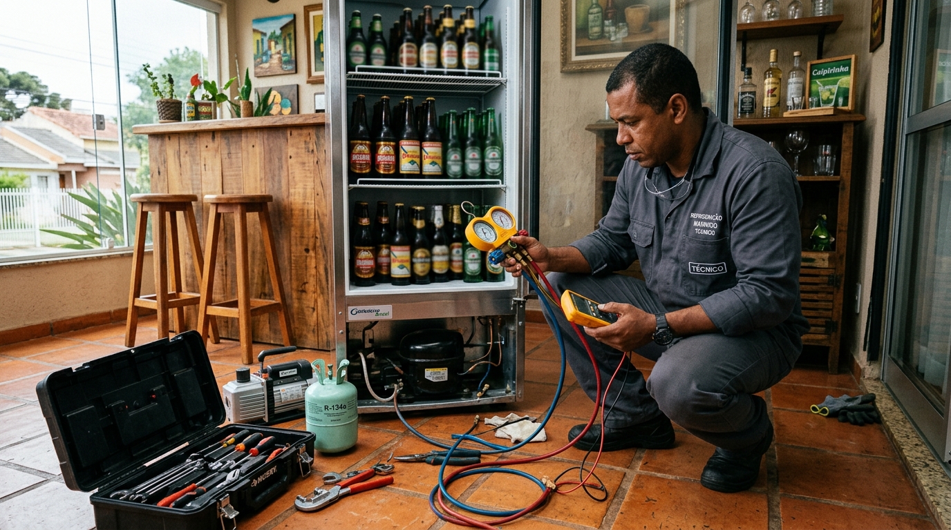 Profissional executando reparo no motor de cervejeira em Uberlândia‑MG