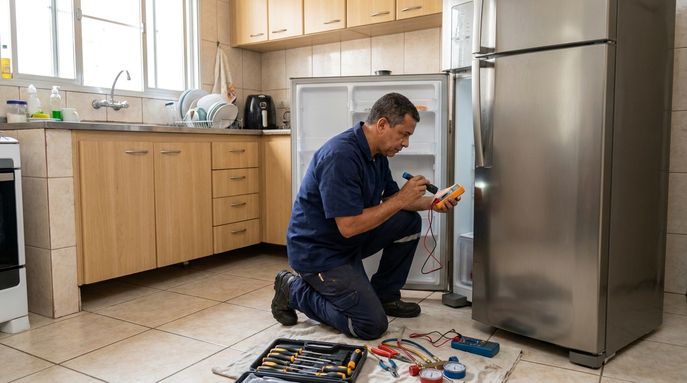 Técnico aplicando recarga de gás refrigerante em geladeira em Uberlândia‑MG